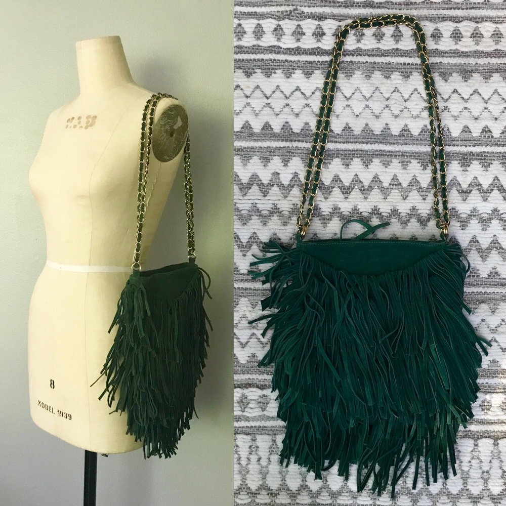 Ecote Green Suede Fringe Bag with Chain Straps